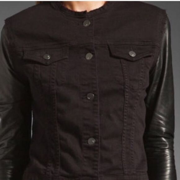 J Brand Blackened Leather Sleeve Denim Jacket in NOIR RED - Picture 4 of 7